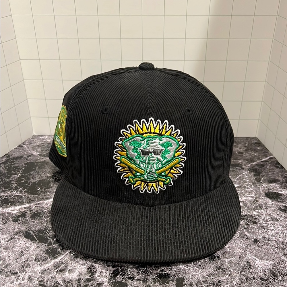 Black Corduroy Hat with Embroidered Design